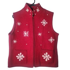 Vintage Lisa International red boiled wool women's beaded snowflake vest Size L